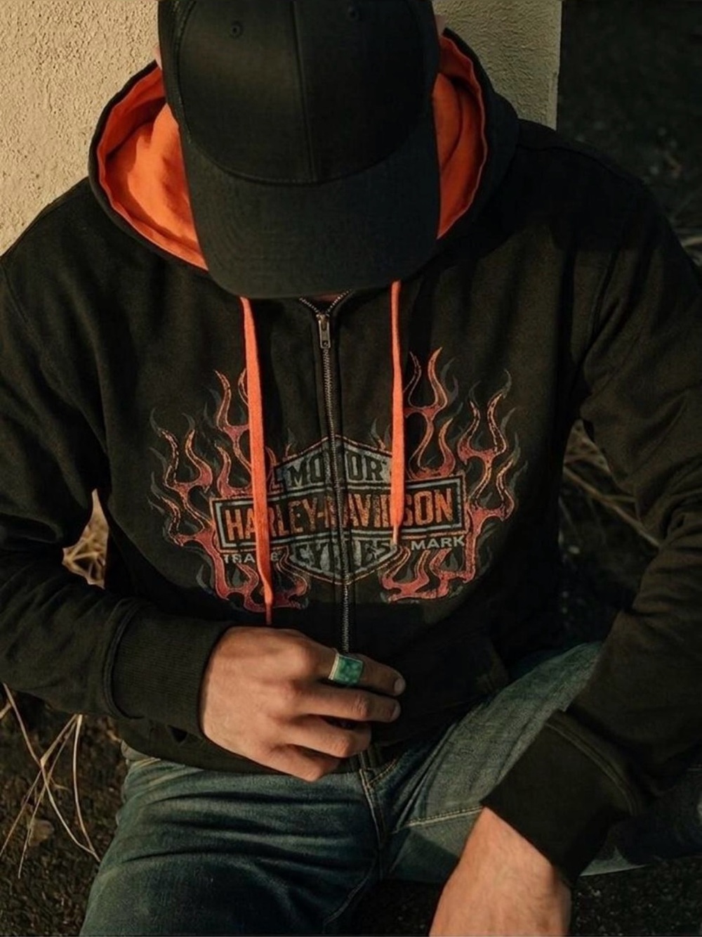 Harley Davidson Black Zip Up Hoodie Sz Large Flames Skull Chicago Y2K Bikercore